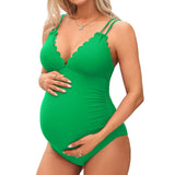 Sociala Maternity Swimsuit One Piece Tie Back Bathing Suit Scallop Trim V Neck Pregnancy Swimwear