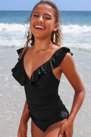 Solid V-Neck Ruffled Wrinkles Black One Piece Swimsuit