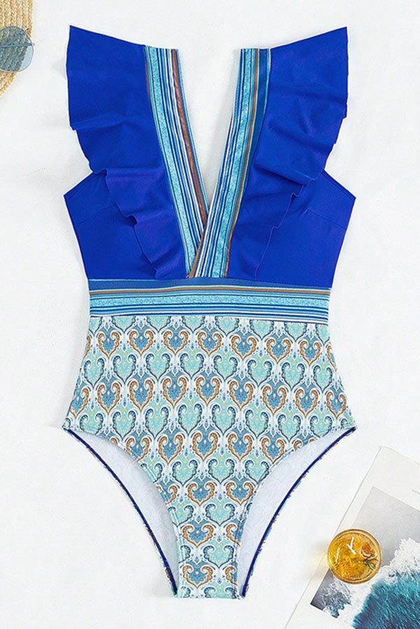 Deep V Neck Tribal Print Ruffle Blue One Piece Swimsuit