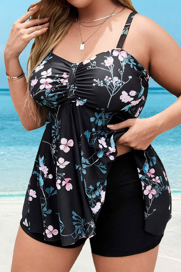 Plus Size Floral Print V Neck Adjustable Shoulder Strap Swimdress