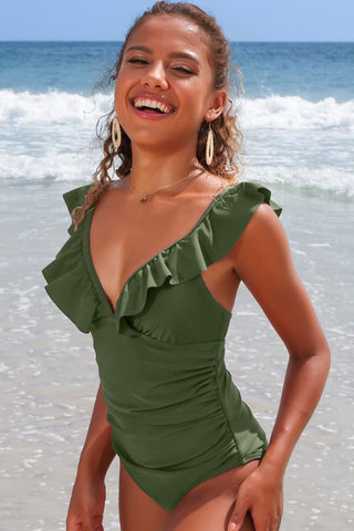 Solid V-Neck Ruffled Wrinkles One-piece Swimsuit