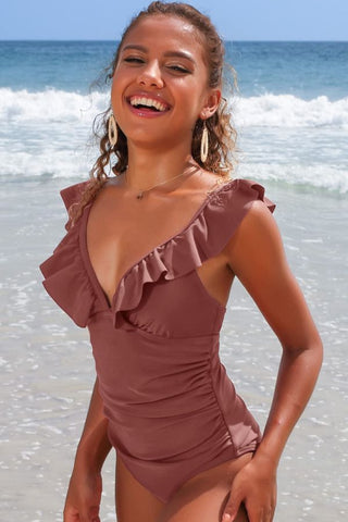 Solid V-Neck Ruffled Wrinkles Brown One-piece Swimsuit
