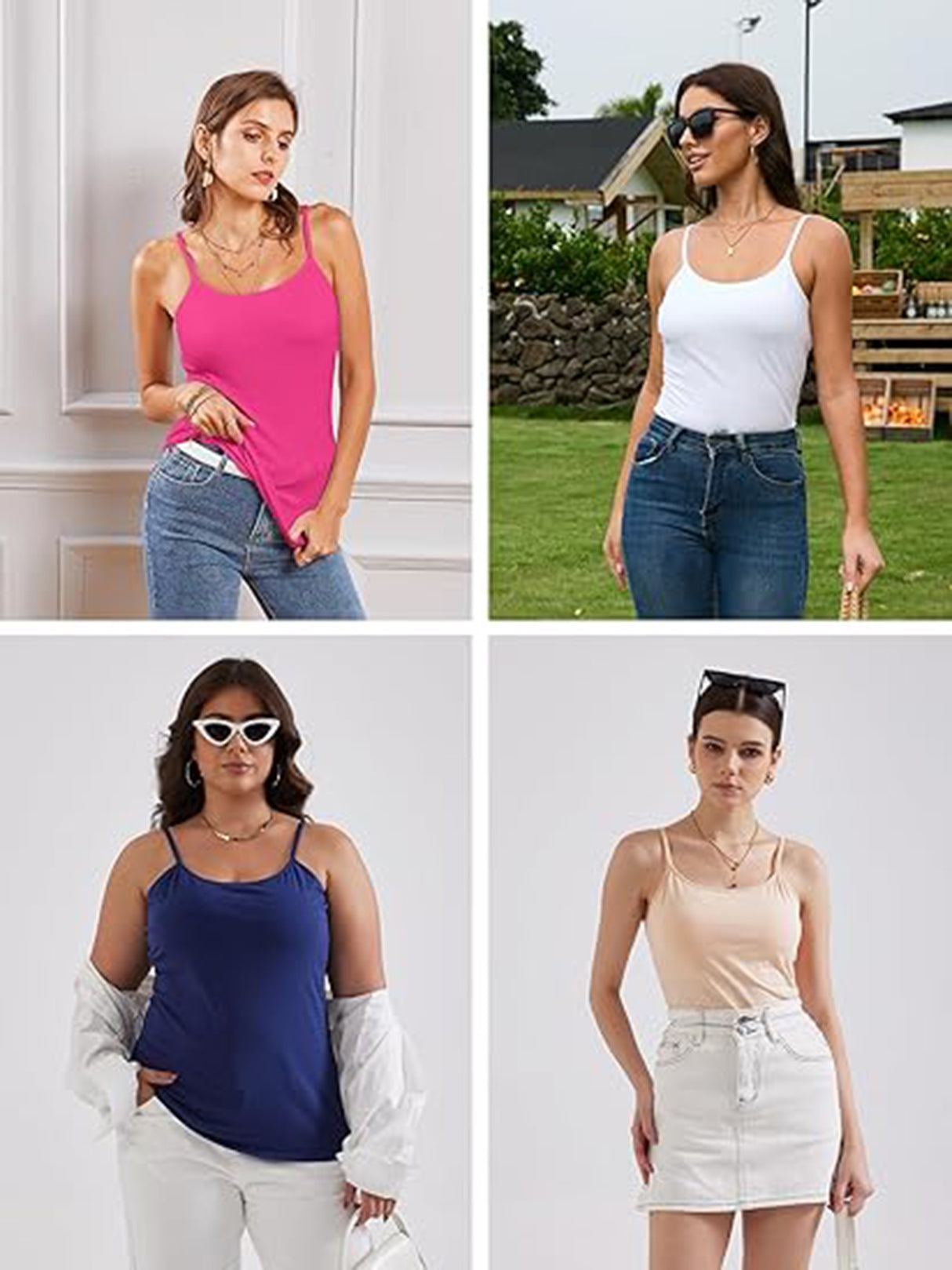 Charmo Womens 3-packs Cotton Scoop Neck Tank Tops Adjustable Spaghetti Strap Undershirts with Shelf Bra