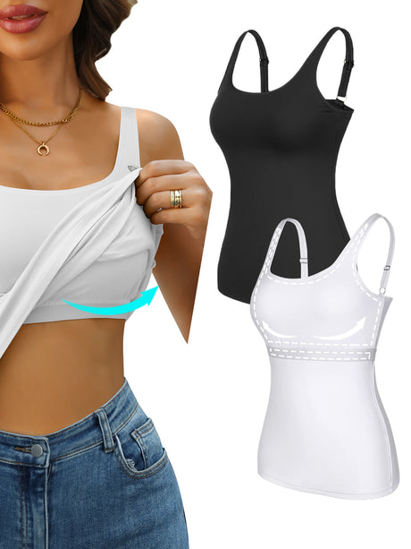 Sociala Women's Cotton Tank Tops with Built-in Shelf Bra Adjustable Wide Strap Camisoles Basic Cami Shirts, 2-Pack