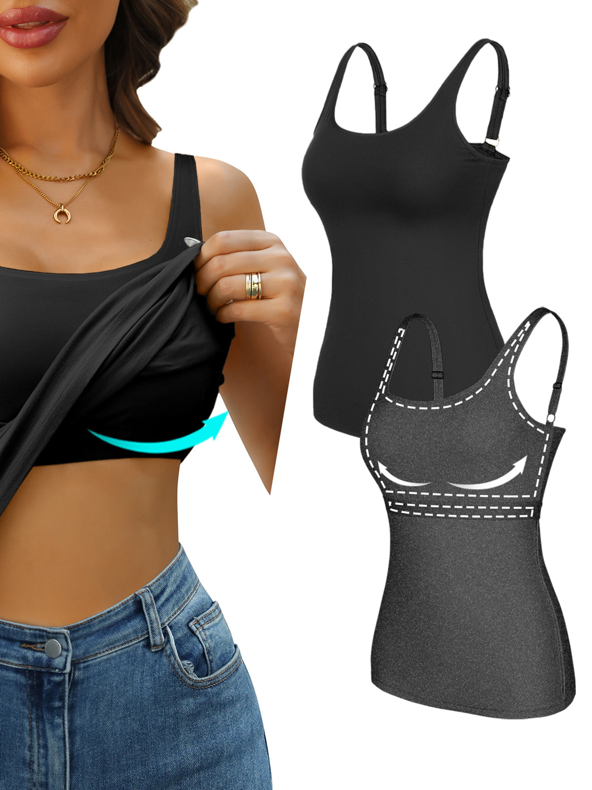 Sociala Women's Cotton Tank Tops with Built-in Shelf Bra Adjustable Wide Strap Camisoles Basic Cami Shirts, 2-Pack