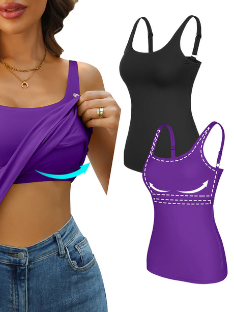Sociala Women's Cotton Tank Tops with Built-in Shelf Bra Adjustable Wide Strap Camisoles Basic Cami Shirts, 2-Pack