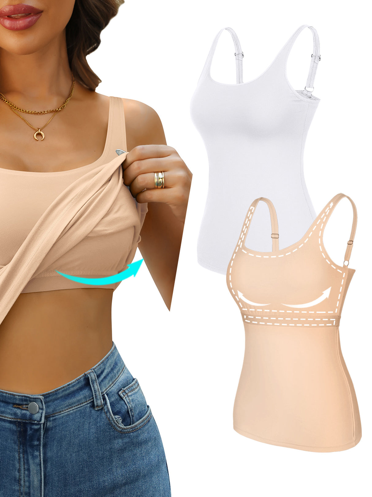 Sociala Women's Cotton Tank Tops with Built-in Shelf Bra Adjustable Wide Strap Camisoles Basic Cami Shirts, 2-Pack