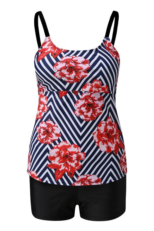 Floral &Striped Pattern Tummy Control High Waist Tankini Swimsuits