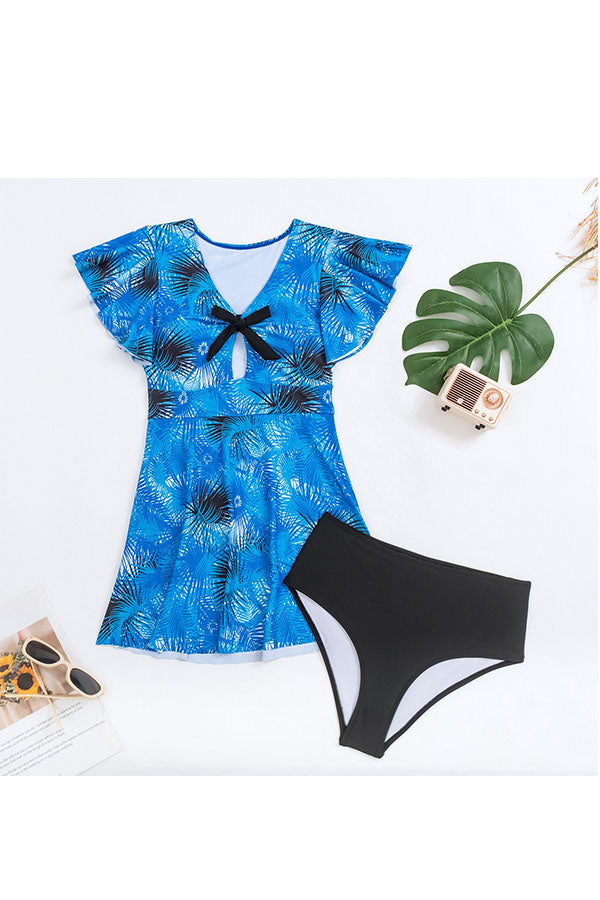 Ruffle Sleeve Hollow Out Bowknot Swimdress