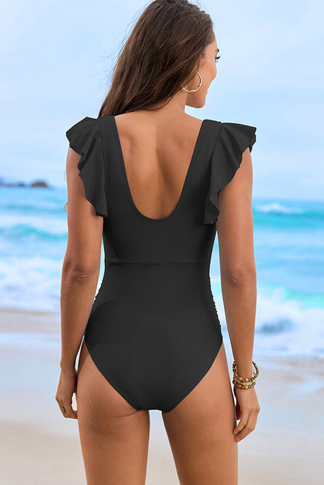 V Neck Ruched Mesh Ruffle One Piece Swimsuit