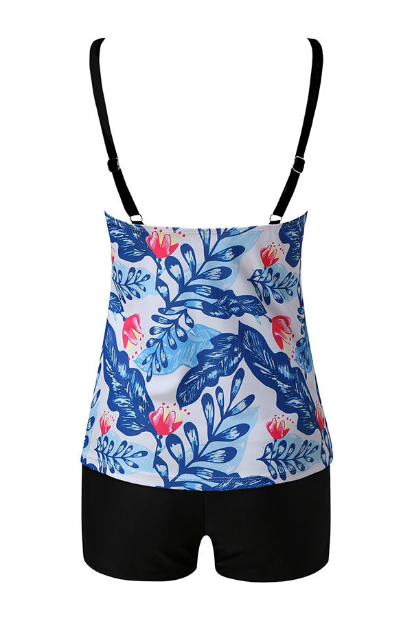 Leaves Spegatti Strap Tummy Control High Waist Tankini Swimsuits