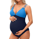 Sociala Maternity Swimsuit One Piece Tie Back Bathing Suit Scallop Trim V Neck Pregnancy Swimwear