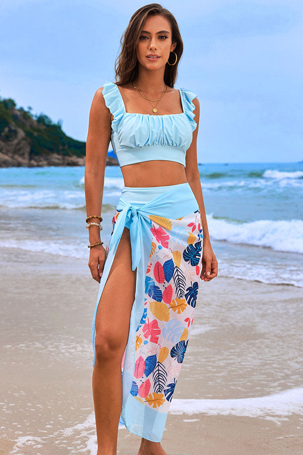 3 Piece Plants Print High Waisted Ruffled Bikini Suits