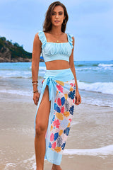 3 Piece Plants Print High Waisted Ruffled Bikini Suits