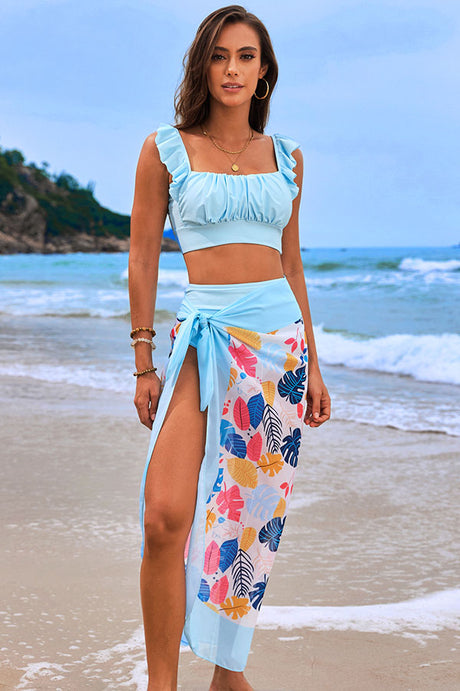 3 Piece Plants Print High Waisted Ruffled Bikini Suits