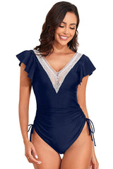 V Neck Ruffle Drawstring Backless One Piece Swimsuit