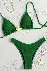 Halter Tie Back Backless Sexy Shiny Green Bikini Suits