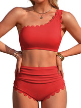 Sociala Women's One Shoulder Scallop Ribbed Bikini Sets Color Block Swimsuits High Waisted Bathing Suits