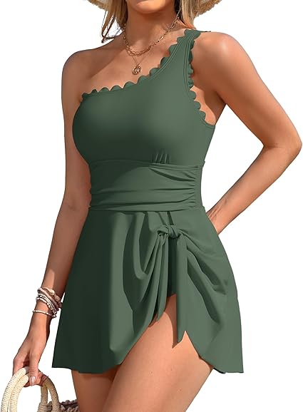 One Shoulder One Piece Swimsuit Women Tummy Control Bathing Suit with Skirt