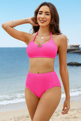 Solid Color Halter High Waisted Backless Bikini Suits