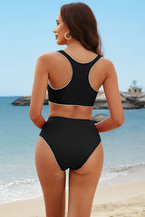 U Neck Zipper Racerback Wide Strap White Bikini Suits