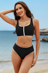 U Neck Zipper Racerback Wide Strap White Bikini Suits