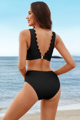 V Neck Scalloped Lace up Backless Ruched Tummy Control Bikini Suits