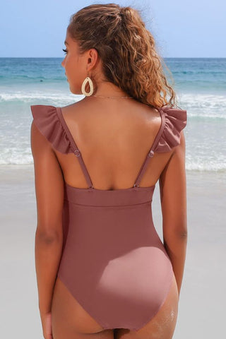 Solid V-Neck Ruffled Wrinkles Brown One-piece Swimsuit
