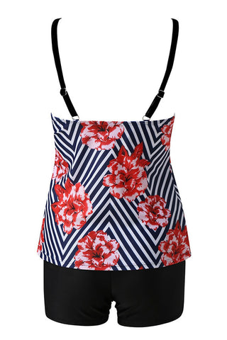Floral &Striped Pattern Tummy Control High Waist Tankini Swimsuits