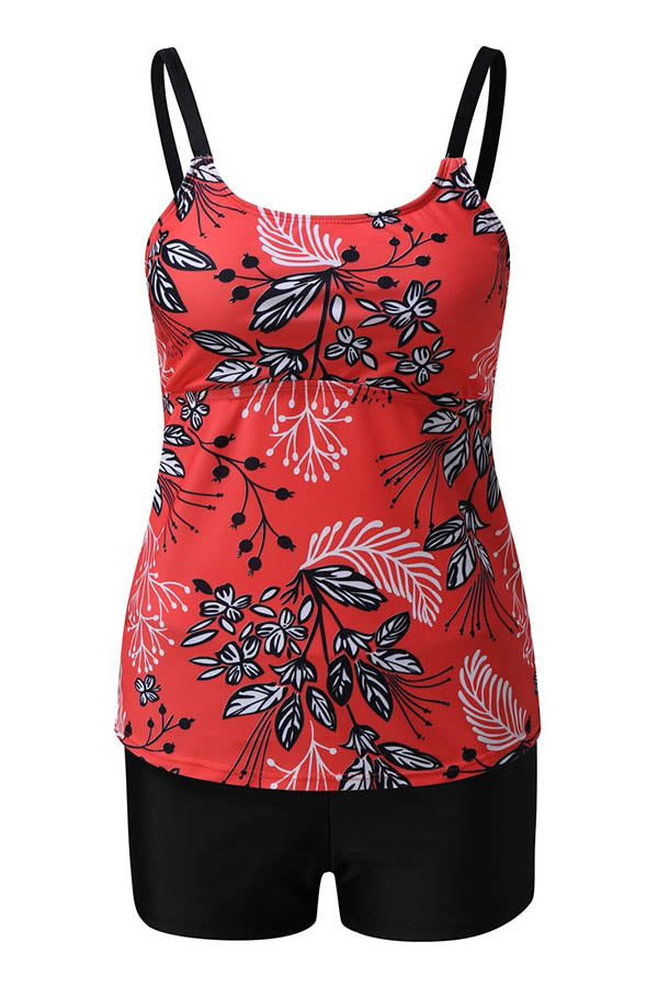 Floral Spegatti Strap Tummy Control High Waist Tankini Swimsuits