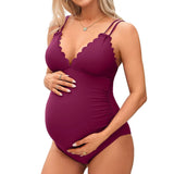 Sociala Maternity Swimsuit One Piece Tie Back Bathing Suit Scallop Trim V Neck Pregnancy Swimwear