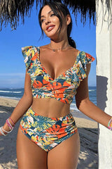 V Neck High Waisted Tie Back Ruffle Plants Print One Piece Swimsuit