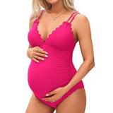 Sociala Maternity Swimsuit One Piece Tie Back Bathing Suit Scallop Trim V Neck Pregnancy Swimwear