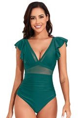 V Neck Ruffle Mesh Tummy Control One Piece Swimsuit