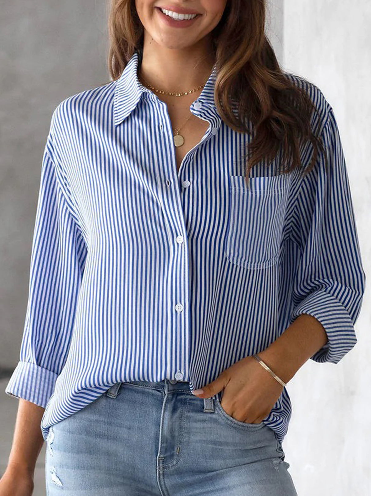 Charmo Women's Striped Button Down Blouses Casual Long Sleeve Shirts with Pocket
