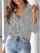 Charmo Women's Striped Button Down Blouses Casual Long Sleeve Shirts with Pocket