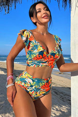 V Neck High Waisted Tie Back Ruffle Plants Print One Piece Swimsuit