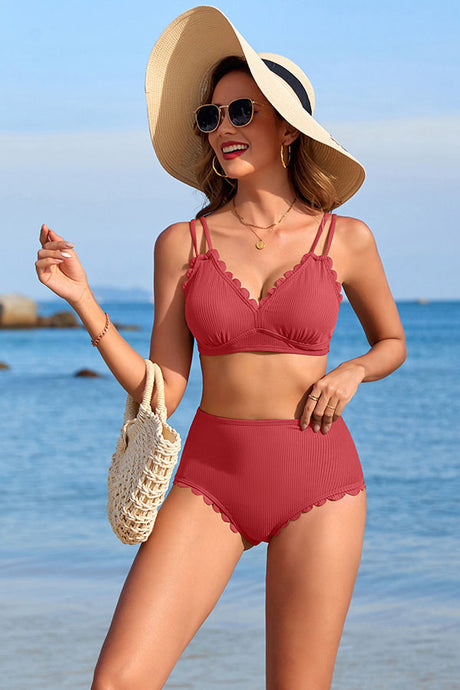 Ribbed Scalloped Crisscross Backless High Waisted Bikini