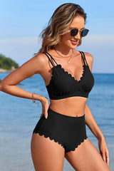 Ribbed  Scalloped Crisscross Backless High Waisted Bikini