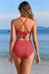 Ribbed  Scalloped Crisscross Backless High Waisted Bikini