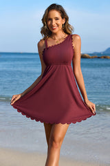 Ribbed Swim Dress Scalloped Swimsuits for Women Built-in Side Tie and Briefs