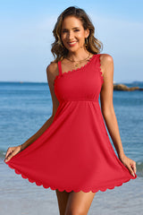 Women's Tummy Control Swimdress Ribbed Scalloped Swimsuits for Women Built-in Side Tie and Briefs