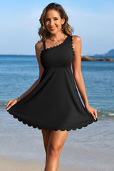 Ribbed Swim Dress Scalloped Swimsuits for Women Built-in Side Tie and Briefs