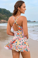 V Neck Crisscross Backless Floral Swimdress