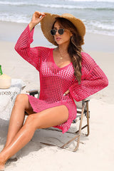 Scoop Neck Hollow-Out Side Split Knitted Beachwear