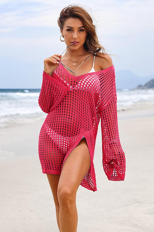 Scoop Neck Hollow-Out Side Split Knitted Beachwear