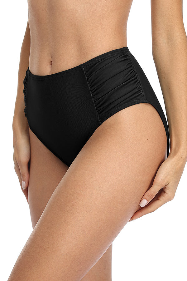 Solid High Waisted Pleated Swim Trunks