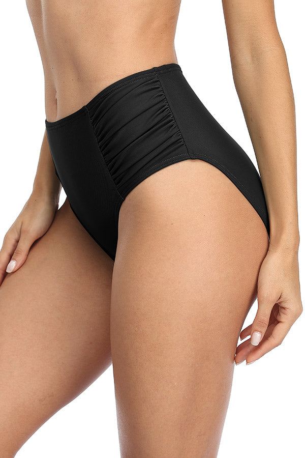Solid High Waisted Pleated Swim Trunks