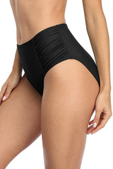 Solid High Waisted Pleated Swim Trunks