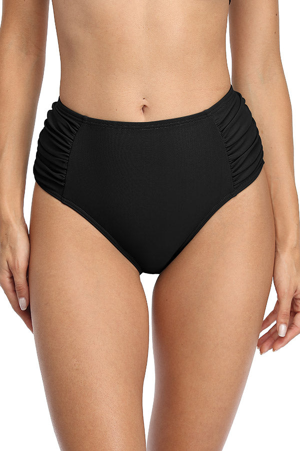 Solid High Waisted Pleated Swim Trunks
